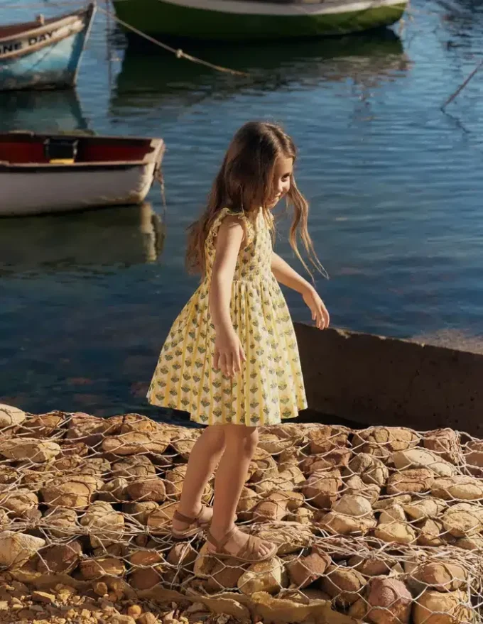 Bow Back Shirred Dress Honeycomb Yellow Flower Stem Bow Back Shirred Dress Honeycomb Yellow Flower Stem