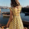 Bow Back Shirred Dress Honeycomb Yellow Flower Stem Bow Back Shirred Dress Honeycomb Yellow Flower Stem