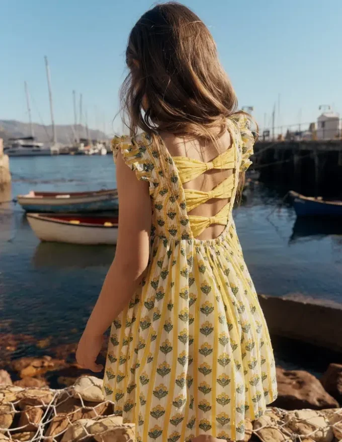 Bow Back Shirred Dress Honeycomb Yellow Flower Stem Bow Back Shirred Dress Honeycomb Yellow Flower Stem