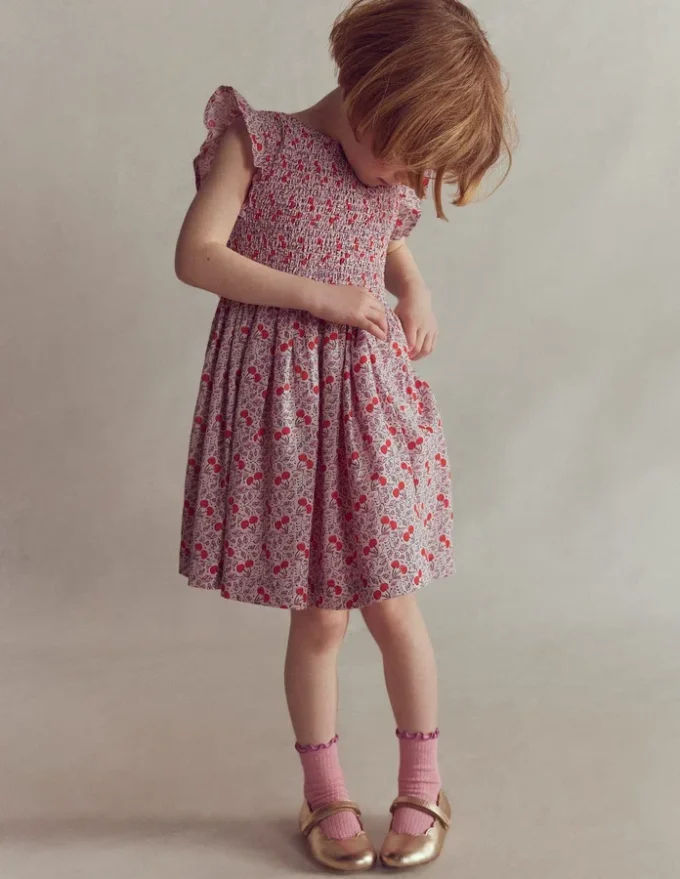 Bow Back Shirred Dress Pink Cherries