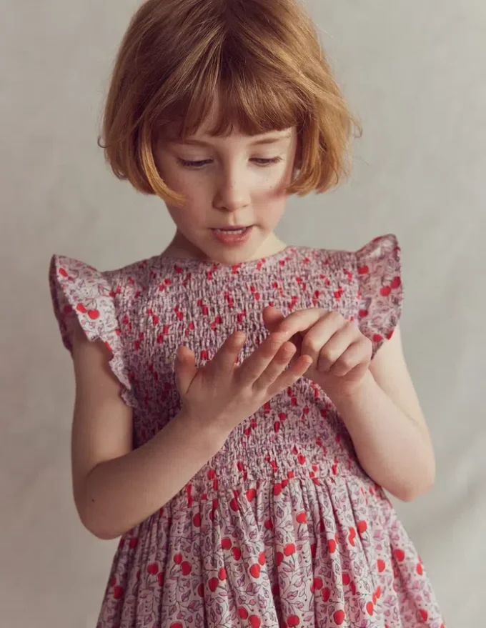 Bow Back Shirred Dress Pink Cherries