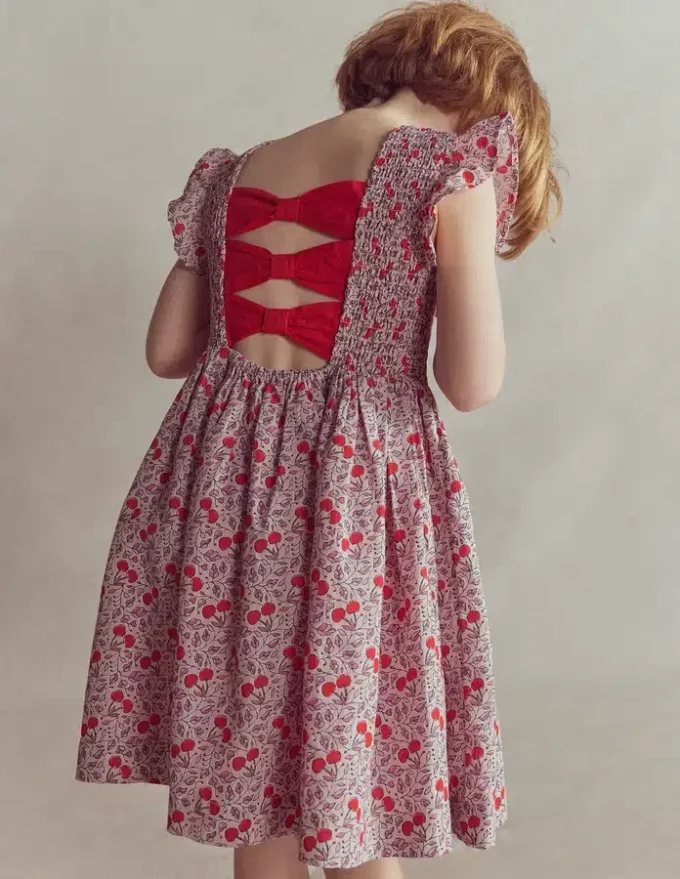 Bow Back Shirred Dress Pink Cherries