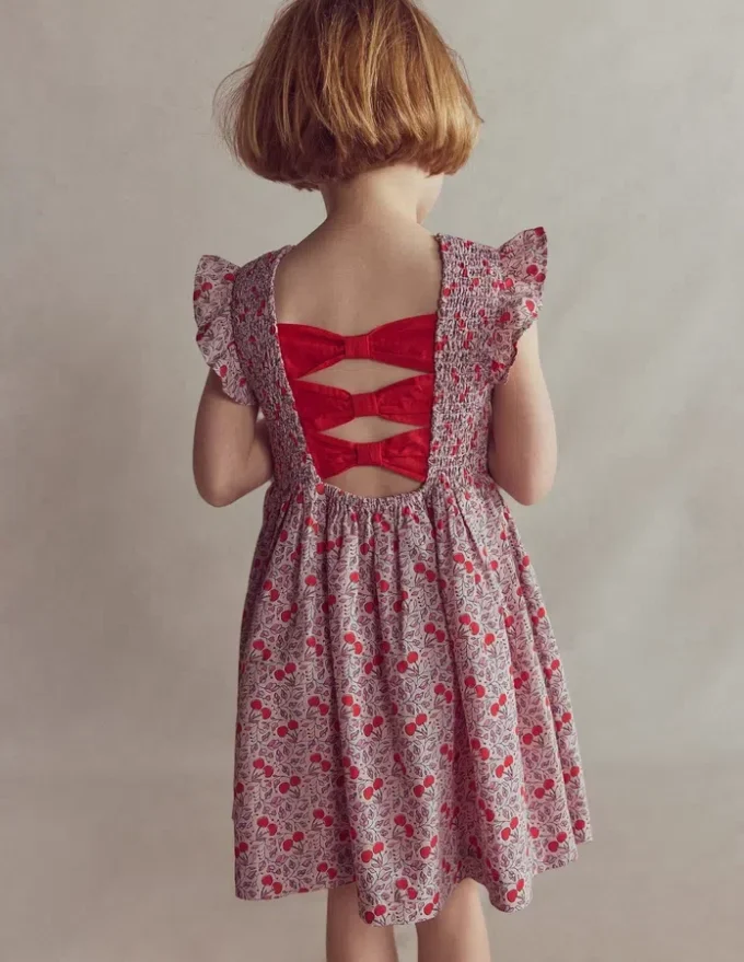 Bow Back Shirred Dress Pink Cherries
