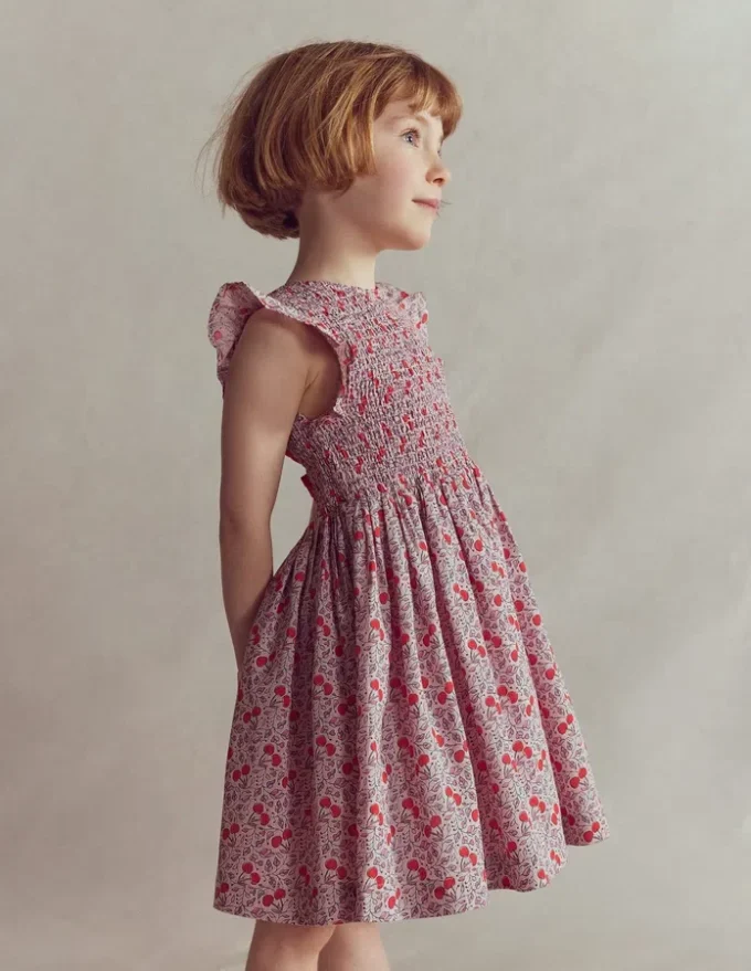 Bow Back Shirred Dress Pink Cherries