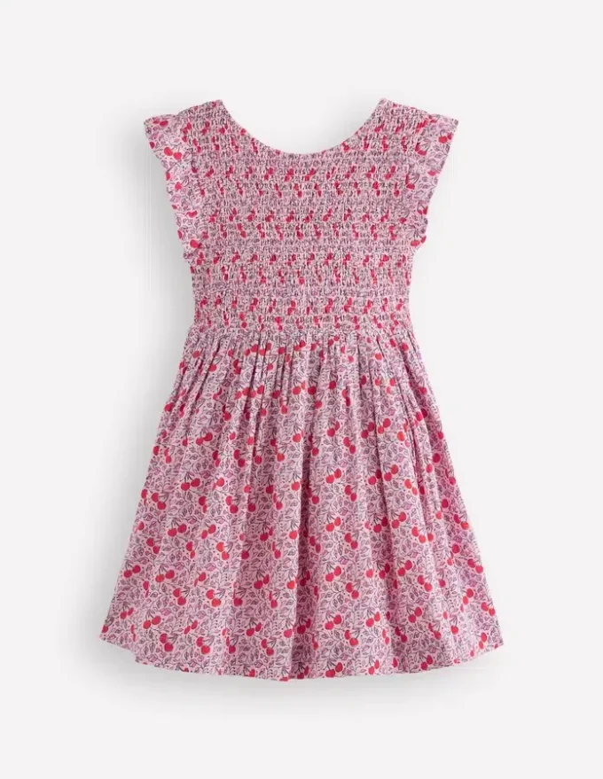 Bow Back Shirred Dress Pink Cherries