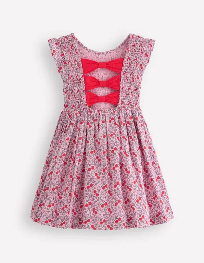 Bow Back Shirred Dress Pink Cherries