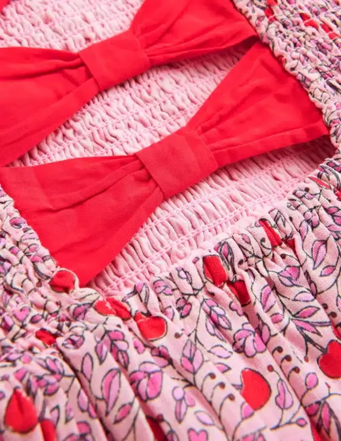 Bow Back Shirred Dress Pink Cherries