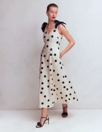 Bow Detail Linen Empire Dress Ivory Painted Dot Spaced