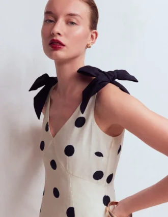 Bow Detail Linen Empire Dress Ivory Painted Dot Spaced