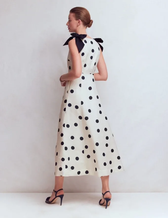 Bow Detail Linen Empire Dress Ivory Painted Dot Spaced Bow Detail Linen Empire Dress Ivory Painted Dot Spaced
