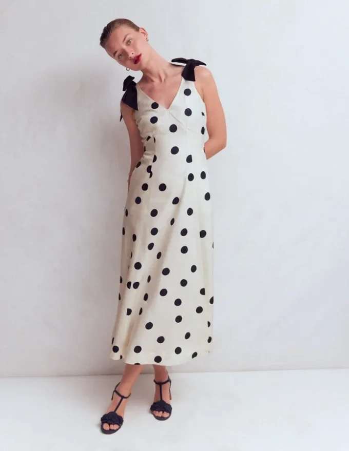 Bow Detail Linen Empire Dress Ivory Painted Dot Spaced Bow Detail Linen Empire Dress Ivory Painted Dot Spaced