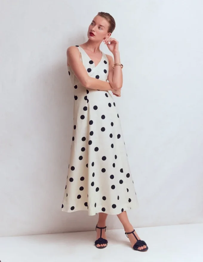 Bow Detail Linen Empire Dress Ivory Painted Dot Spaced Bow Detail Linen Empire Dress Ivory Painted Dot Spaced