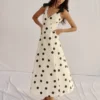 Bow Detail Linen Empire Dress Ivory Painted Dot Spaced Bow Detail Linen Empire Dress Ivory Painted Dot Spaced