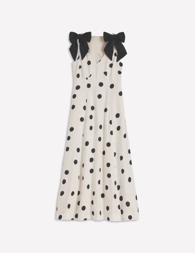 Bow Detail Linen Empire Dress Ivory Painted Dot Spaced Bow Detail Linen Empire Dress Ivory Painted Dot Spaced