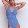 Bow Halter Swimsuit Bright Blue, Gingham Bow Halter Swimsuit Bright Blue, Gingham