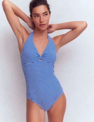 Bow Halter Swimsuit Bright Blue, Gingham