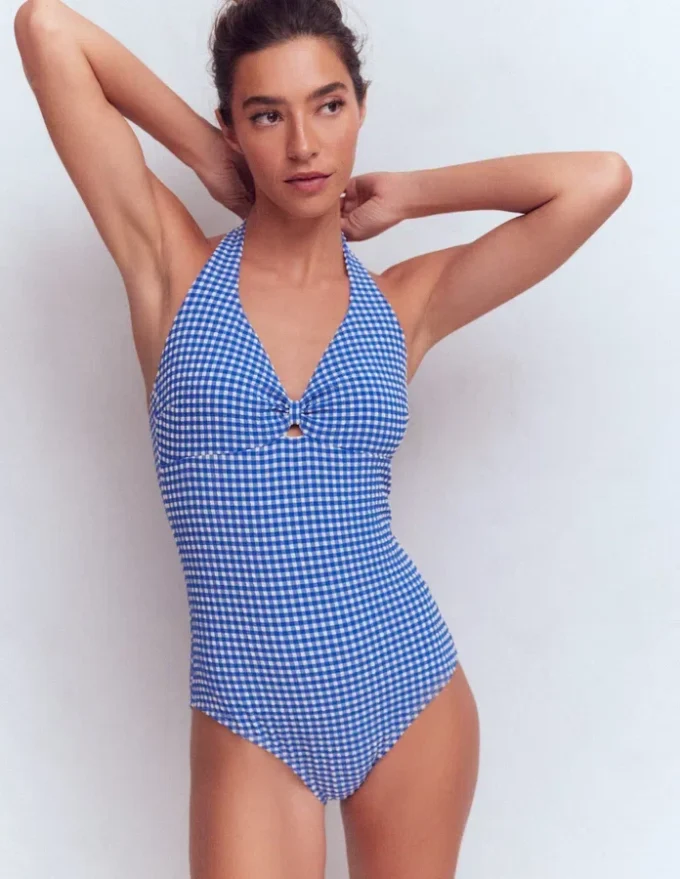Bow Halter Swimsuit Bright Blue, Gingham Bow Halter Swimsuit Bright Blue, Gingham
