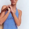 Bow Halter Swimsuit Bright Blue, Gingham Bow Halter Swimsuit Bright Blue, Gingham