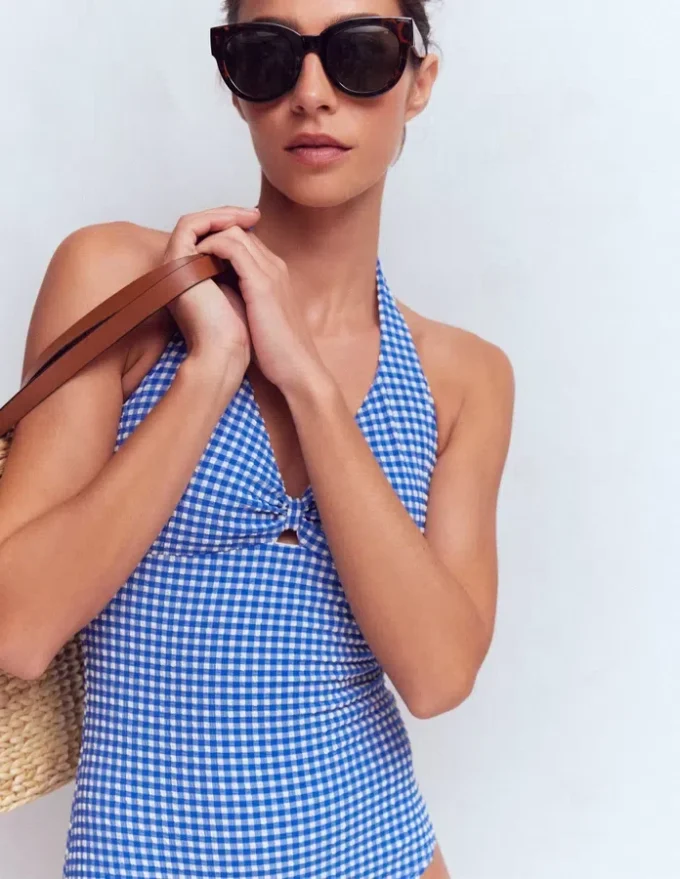 Bow Halter Swimsuit Bright Blue, Gingham Bow Halter Swimsuit Bright Blue, Gingham