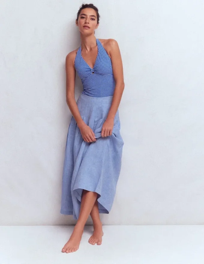 Bow Halter Swimsuit Bright Blue, Gingham Bow Halter Swimsuit Bright Blue, Gingham