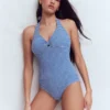 Bow Halter Swimsuit Bright Blue, Gingham Bow Halter Swimsuit Bright Blue, Gingham