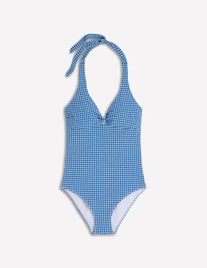 Bow Halter Swimsuit Bright Blue, Gingham Bow Halter Swimsuit Bright Blue, Gingham