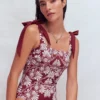 Bow Tie Shoulder Swimsuit Maroon, Botanical Charm Bow Tie Shoulder Swimsuit Maroon, Botanical Charm