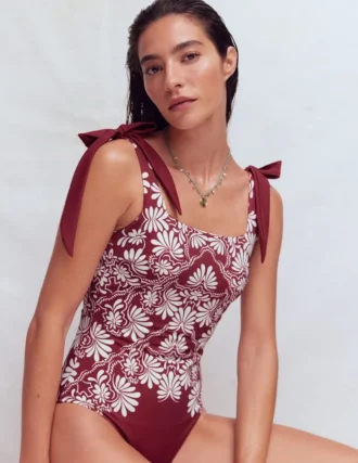Bow Tie Shoulder Swimsuit Maroon, Botanical Charm
