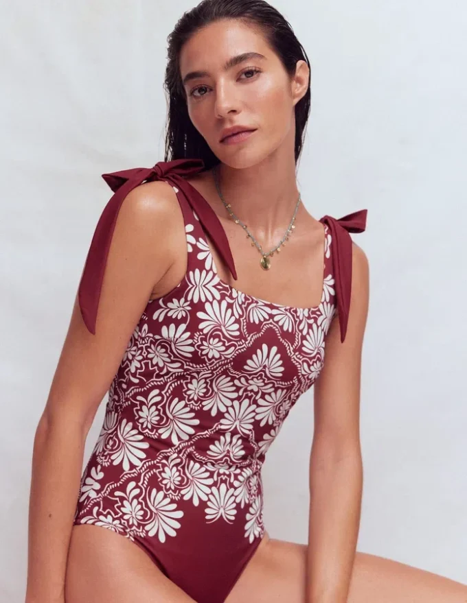 Bow Tie Shoulder Swimsuit Maroon, Botanical Charm Bow Tie Shoulder Swimsuit Maroon, Botanical Charm