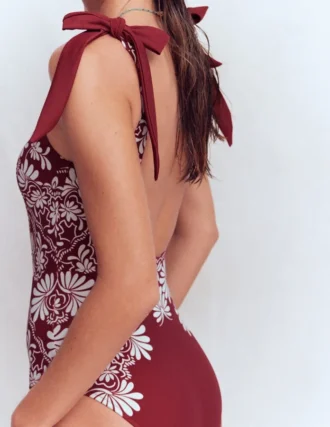 Bow Tie Shoulder Swimsuit Maroon, Botanical Charm