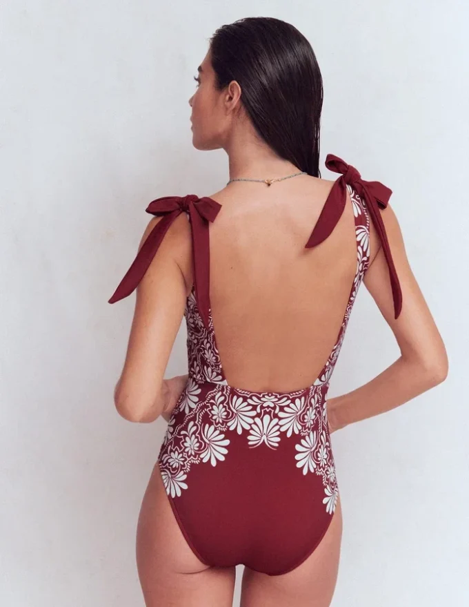 Bow Tie Shoulder Swimsuit Maroon, Botanical Charm Bow Tie Shoulder Swimsuit Maroon, Botanical Charm