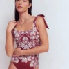 Bow Tie Shoulder Swimsuit Maroon, Botanical Charm Bow Tie Shoulder Swimsuit Maroon, Botanical Charm