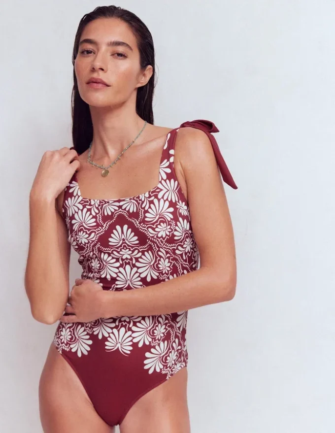 Bow Tie Shoulder Swimsuit Maroon, Botanical Charm Bow Tie Shoulder Swimsuit Maroon, Botanical Charm