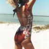 Bow Tie Shoulder Swimsuit Maroon, Botanical Charm Bow Tie Shoulder Swimsuit Maroon, Botanical Charm
