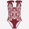 Bow Tie Shoulder Swimsuit Maroon, Botanical Charm Bow Tie Shoulder Swimsuit Maroon, Botanical Charm