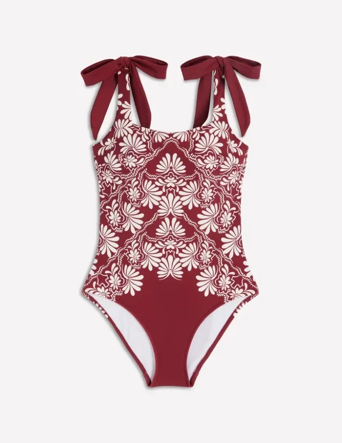 Bow Tie Shoulder Swimsuit Maroon, Botanical Charm Bow Tie Shoulder Swimsuit Maroon, Botanical Charm