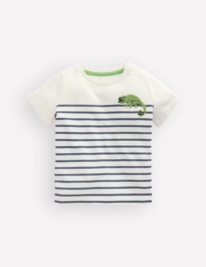 Boys Embroidered T-Shirt Blue Stripe Chameleon