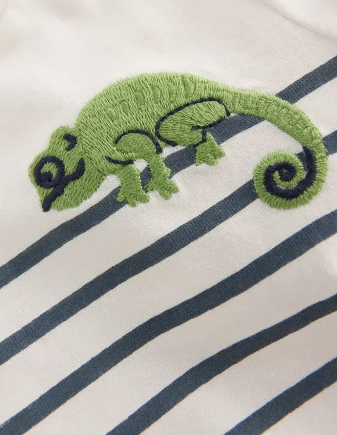 Boys Embroidered T-Shirt Blue Stripe Chameleon