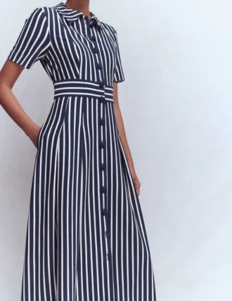 Bridget Ponte Shirt Dress Navy and Ivory Stripe