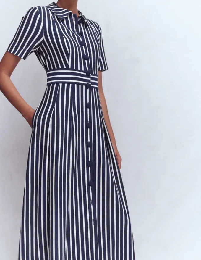 Bridget Ponte Shirt Dress Navy and Ivory Stripe Bridget Ponte Shirt Dress Navy and Ivory Stripe