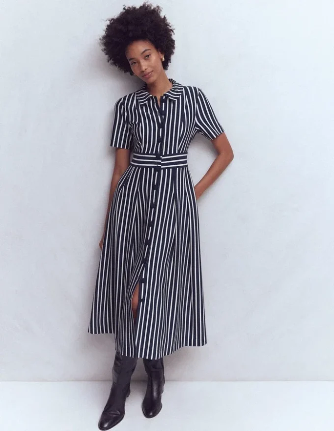 Bridget Ponte Shirt Dress Navy and Ivory Stripe Bridget Ponte Shirt Dress Navy and Ivory Stripe