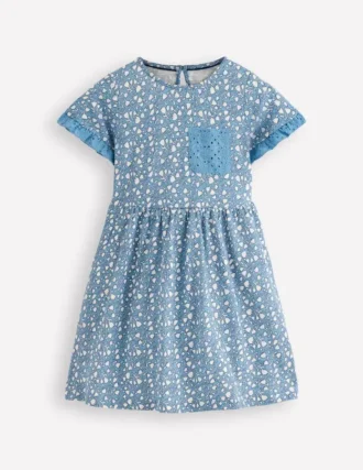 Broderie Pocket Jersey Dress Glacier Blue Tiny Tulip
