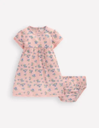 Broderie Trim Jersey Dress Pink Ditsy Floral