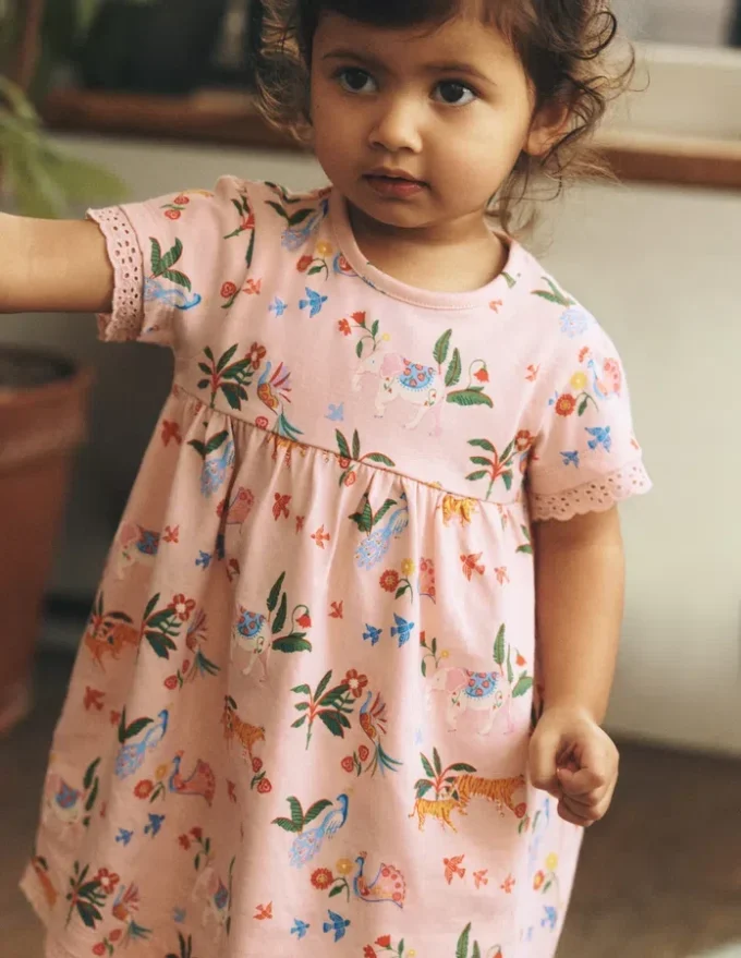 Broderie Trim Jersey Dress Pink Tropical Animals Broderie Trim Jersey Dress Pink Tropical Animals