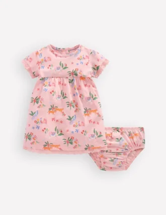 Broderie Trim Jersey Dress Pink Tropical Animals