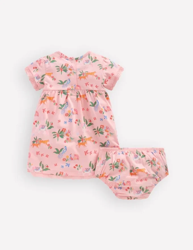 Broderie Trim Jersey Dress Pink Tropical Animals Broderie Trim Jersey Dress Pink Tropical Animals