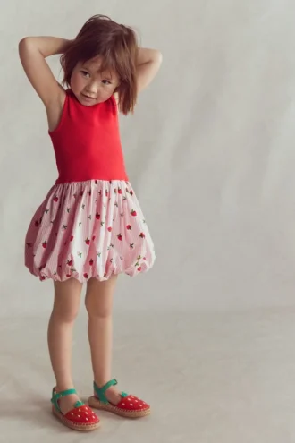 Bubble Hem Rib Dress Ticking Stripe Strawberry