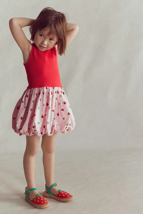 Bubble Hem Rib Dress Ticking Stripe Strawberry Bubble Hem Rib Dress Ticking Stripe Strawberry