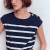 Button Detail T-Shirt Navy and Ivory Stripe Button Detail T-Shirt Navy and Ivory Stripe