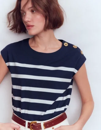 Button Detail T-Shirt Navy and Ivory Stripe